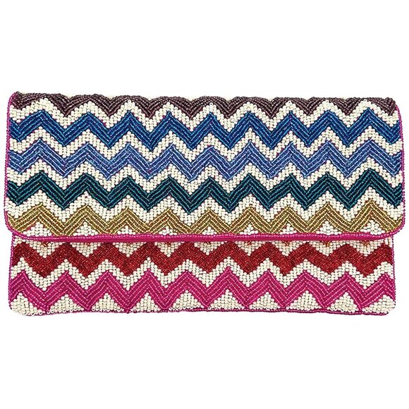 Rainbow Chevron Zig-Zag Beaded Clutch Crossbody Chain Bag Boho Handbag NEW - Picture 1 of 10